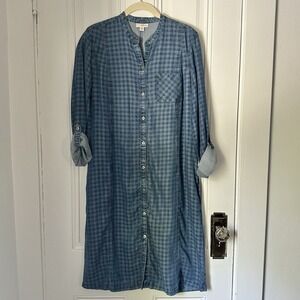 J.Jill Denim Gingham‎ Shirt Dress Button Front Women's Medium Tall
